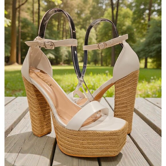 Shoes - White Platform Espadrille High Heel Sandals With Ankle Strap
